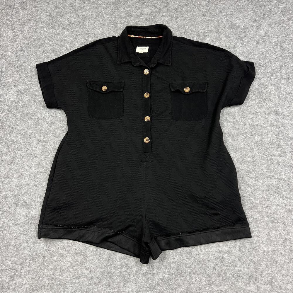 Umgee Romper Womens L Black Geometric Knit Pockets Button Linen Blend Casual